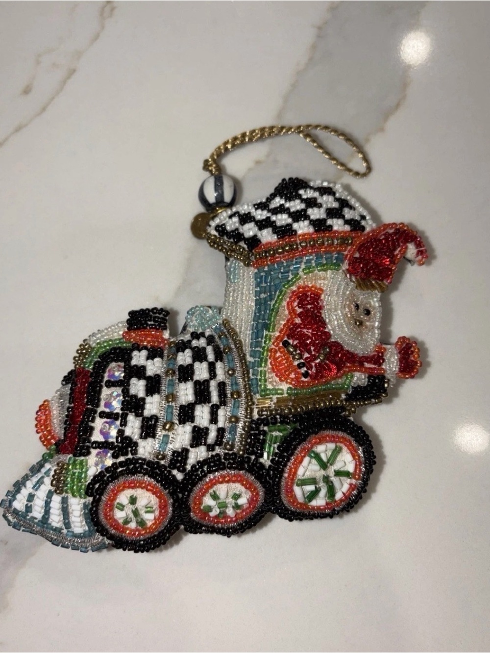Mackenzie Childs beaded Christmas train courtly check holiday Ornament NEW